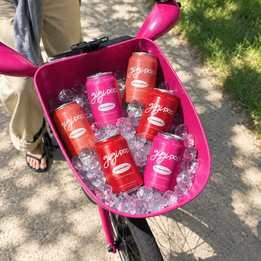 canasta de bici llena de latas gigi pop sobre hielo