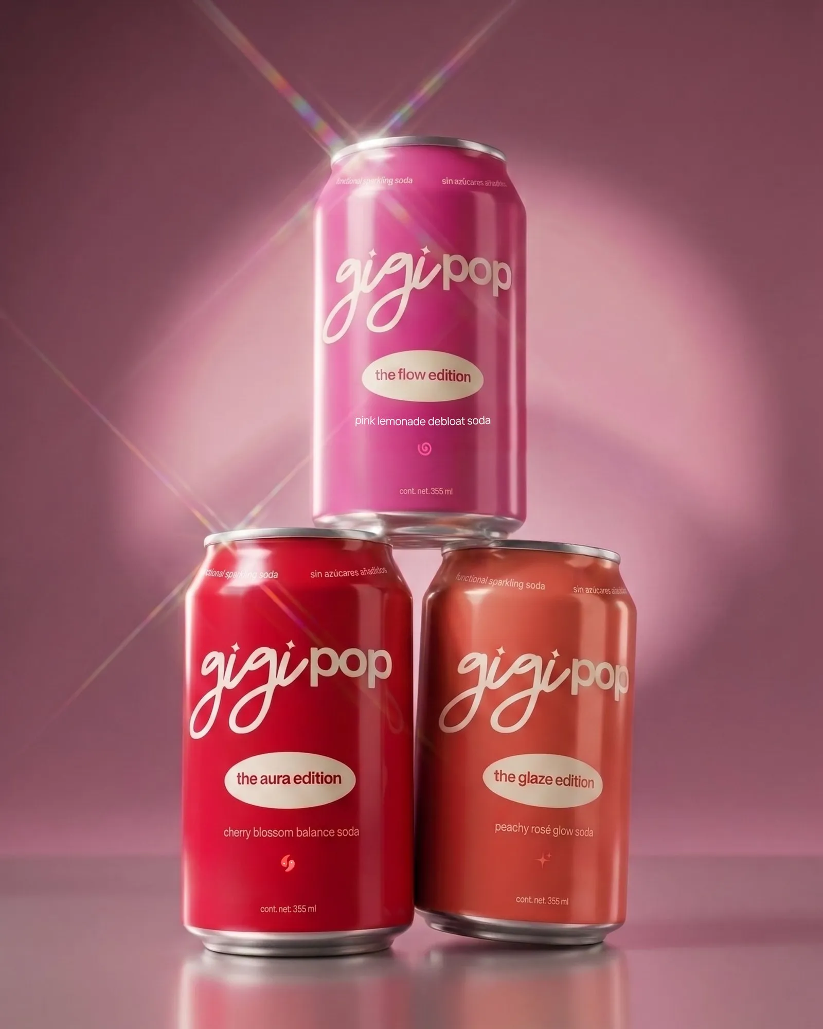 las tres ediciones de gigi pop apiladas: aura, flow y glaze